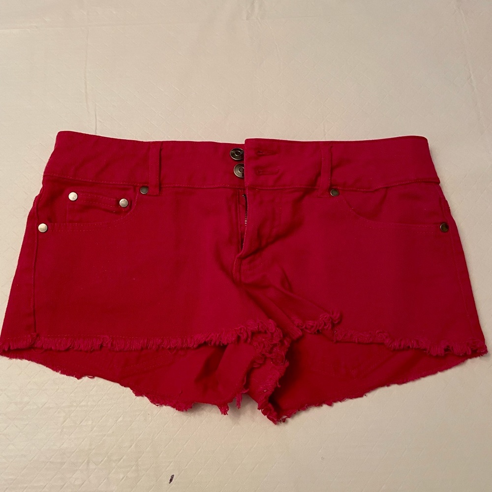 U 2 B size Small Fringed bottom Red Denim short shorts.  Two front pockets.